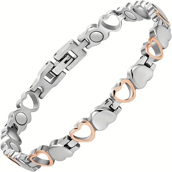 Silver and Rose Gold Heart Bracelet with Magnets for Health Benefits - Picture 2 of 2